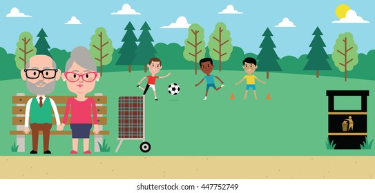 Illustration Of Senior Couple Sitting On Bench In Park