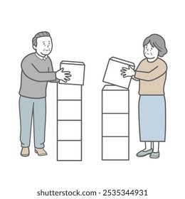 Illustration of a senior couple stacking things up