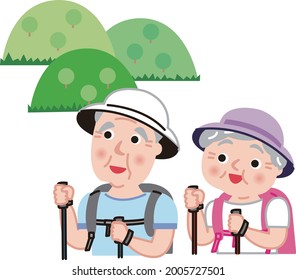 Illustration of senior couple summer mountain climbing 