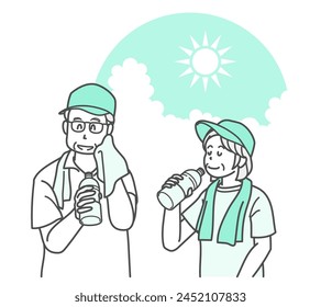 Ilustración de una pareja de ancianos tomando un descanso para beber agua