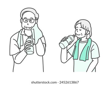Illustration of a senior couple taking a break for a drink of water
