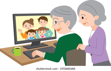 Illustration of a senior couple talking to their son's family on a computer