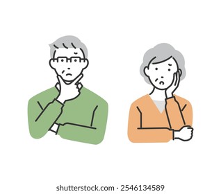Illustration of a senior couple thinking pose.