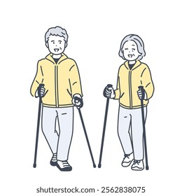 Illustration of a senior couple walking on a pole. vector.