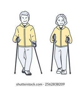 Illustration of a senior couple walking on a pole. vector.