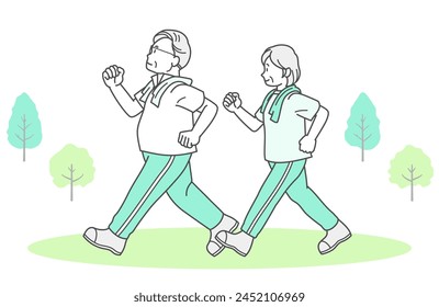 Illustration of a senior couple walking to stay healthy (summer clothes)