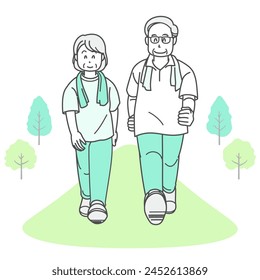 Illustration of a senior couple walking to stay healthy (summer clothes)