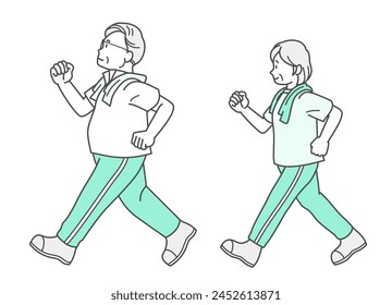 Illustration of a senior couple walking to stay healthy (summer clothes)