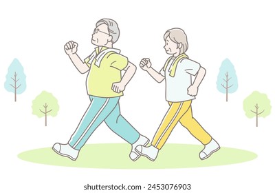 Illustration of a senior couple walking to stay healthy (summer clothes)