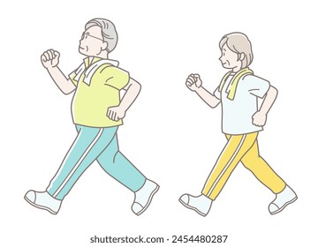 Illustration of a senior couple walking to stay healthy (summer clothes)