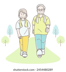 Illustration of a senior couple walking to stay healthy (summer clothes)