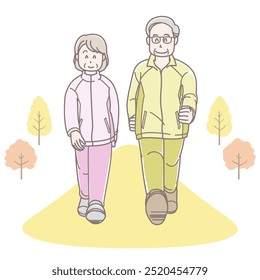 Illustration of a senior couple walking to stay healthy (long sleeve)