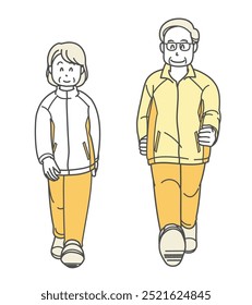 Illustration of a senior couple walking to stay healthy (long sleeve)