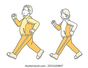 Illustration of a senior couple walking to stay healthy (long sleeve)