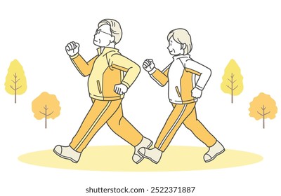 Illustration of a senior couple walking to stay healthy (long sleeve)