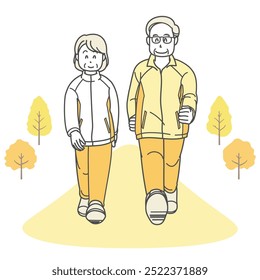 Illustration of a senior couple walking to stay healthy (long sleeve)