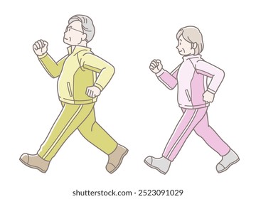 Illustration of a senior couple walking to stay healthy (long sleeve)