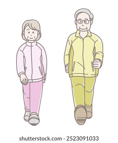 Illustration of a senior couple walking to stay healthy (long sleeve)