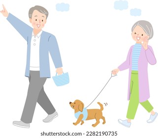 Ilustración de una pareja mayor caminando por su perro