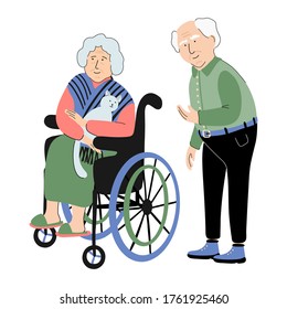 Illustration of senior couple. The woman in a wheelchair with a cat. The man standing near her. Old people characters. Nice couple. Great for design social issue posters.