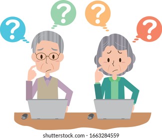 Illustration of a senior couple worried about using a personal computer