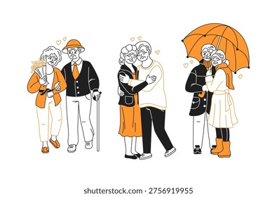 Illustration of senior couples showing affection and companionship together. Scenes highlight romantic gestures under umbrella and walking hand in hand with love.