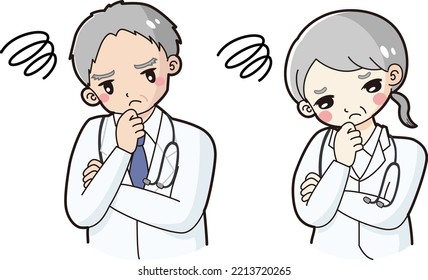 Illustration of a senior female doctor and a male doctor wearing a worried white coat