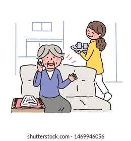 Illustration of a senior lady making a phone call while sitting on a couch