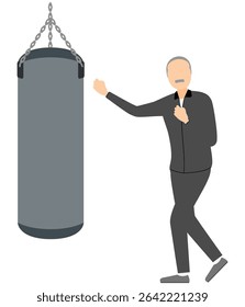 Illustration of a senior male boxer hitting a sandbag, Vector Illustration