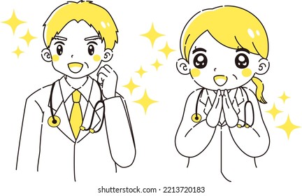 Illustration of a senior male doctor and a female doctor wearing white coats with a fluttering smile