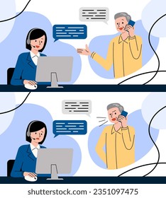 Illustration of a senior man and a call center woman making an inquiry