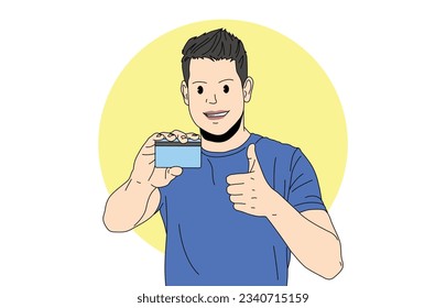 Illustration of a senior man clutching an ATM card and giving the camera a thumbs up.