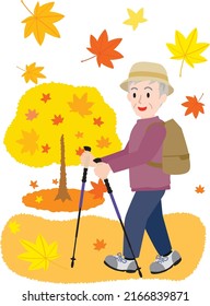 Illustration of the senior man doing trekking in the autumn.