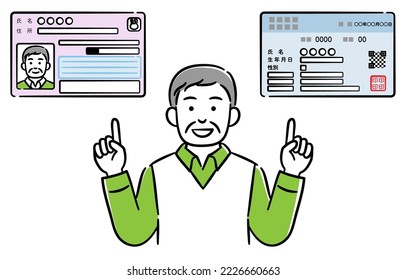 Illustration of a senior man explaining the integration of my number card and health insurance card

The meaning of Japanese characters is "Name, Address, Date of Birth, Gender".