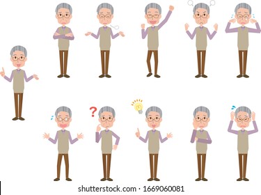 Illustration of senior man facial expression set