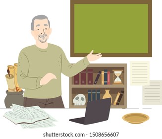 Illustration of a Senior Man History Teacher with Open Books and Laptop