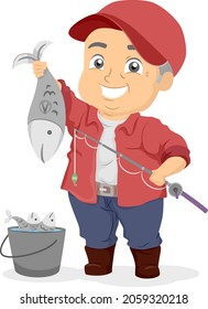 Illustration of Senior Man Holding Fish and Fishing Rod with Pail of Caught Fish