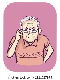 Illustration of a Senior Man Holding His Eyeglasses and Squinting to See