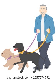 Illustration of a Senior Man Holding Leash and Walking Two Dogs