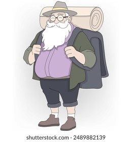 An illustration of a senior man with a long white beard and glasses, wearing a hat, purple shirt, and shorts.