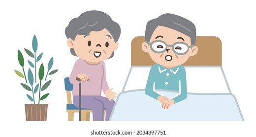 Illustration of a senior man lying in bed and his wife who came to visit