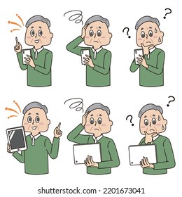 It is an illustration of a senior man operating a smartphone and tablet.