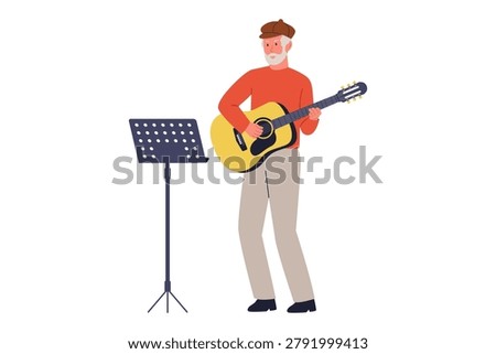 Illustration of Senior Man Playing Acoustic Guitar with Music Stand. An elderly man standing and playing an acoustic guitar while reading notes from a music stand sheet