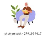 Illustration of Senior Man Reading Book in Armchair Illustration. An elderly grandfather sitting comfortably in a blue sofa armchair while reading an interesting book at home