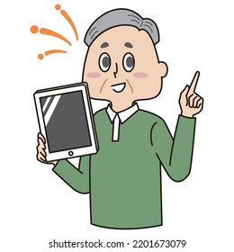 It is an illustration of a senior man smiling while holding a tablet in his hand.