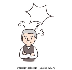 Illustration of a senior man thinking with an angry expression.