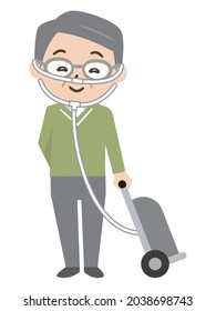 Illustration of a senior man traveling with a portable oxygen cylinder