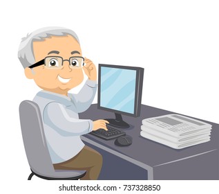 Illustration of a Senior Man Using the Computer with a Stack of Newspaper on His Desk