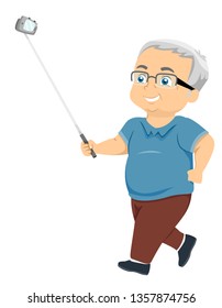 Illustration of a Senior Man Walking and Recording a Video Using a Mobile Phone and Selfie Stick