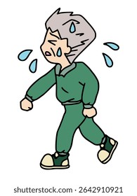 Illustration of a senior man walking tiredly while sweating